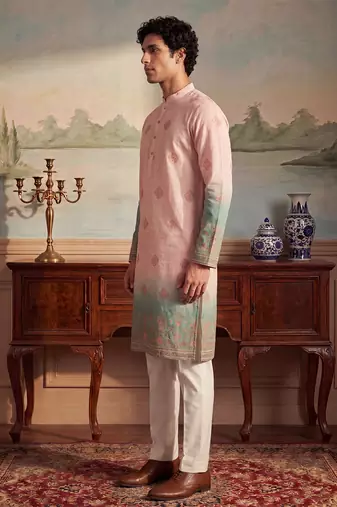 Mens peach silk blend woven design calf length straight regular kurta