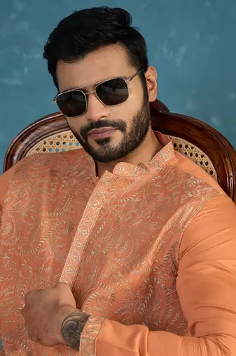 Mens peach modal embroidered calf length straight regular kurta