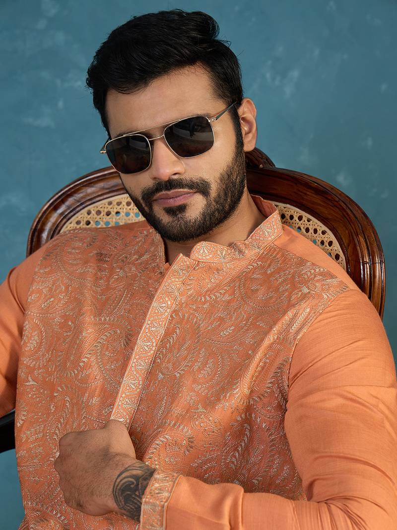 Mens peach modal embroidered calf length straight regular kurta