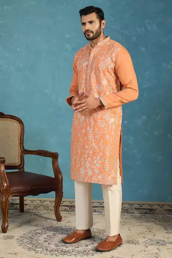 Mens orange modal embroidered calf length straight regular kurta