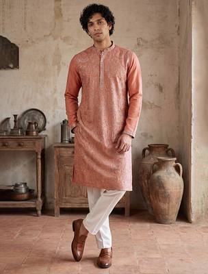 Mens orange modal embroidered calf length straight regular kurta 3