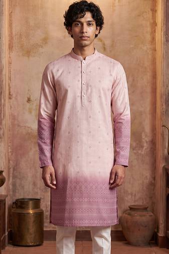 Mens pink silk blend woven design calf length straight regular kurta with trouser