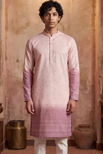 Mens pink silk blend woven design calf length straight regular kurta with trouser