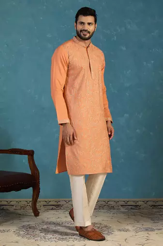 Mens peach modal embroidered calf length straight regular kurta