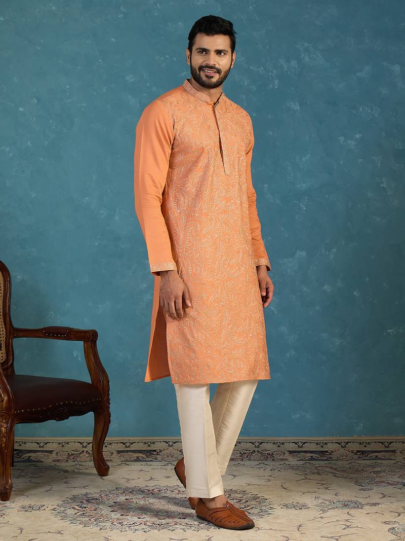 Mens peach modal embroidered calf length straight regular kurta