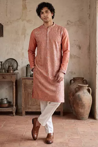 Mens peach modal embroidered calf length straight regular kurta