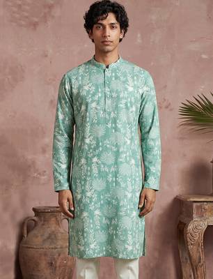 Mens teal viscose rayon embroidered calf length straight regular kurta 1