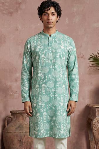 Mens teal viscose rayon embroidered calf length straight regular kurta