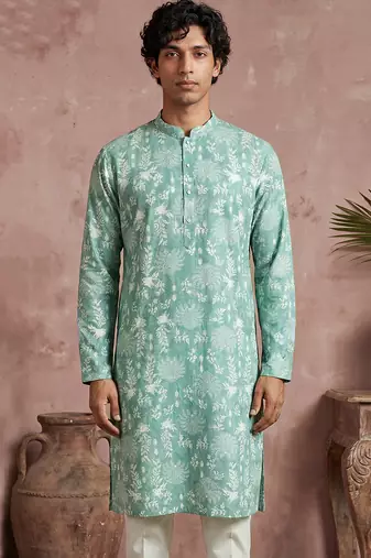 Mens teal viscose rayon embroidered calf length straight regular kurta