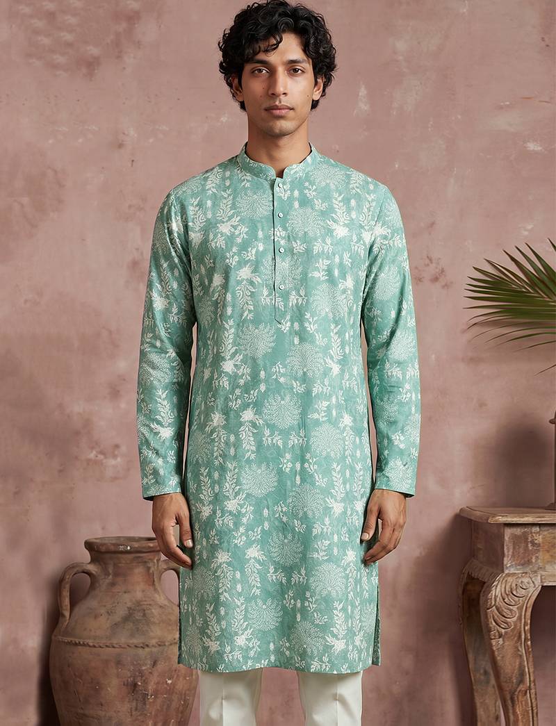 Mens teal viscose rayon embroidered calf length straight regular kurta