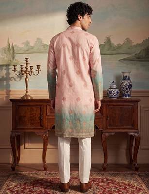 Mens peach silk blend woven design calf length straight regular kurta 5