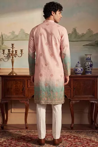 Mens peach silk blend woven design calf length straight regular kurta