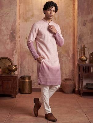 Mens pink silk blend woven design calf length straight regular kurta with trouser 2