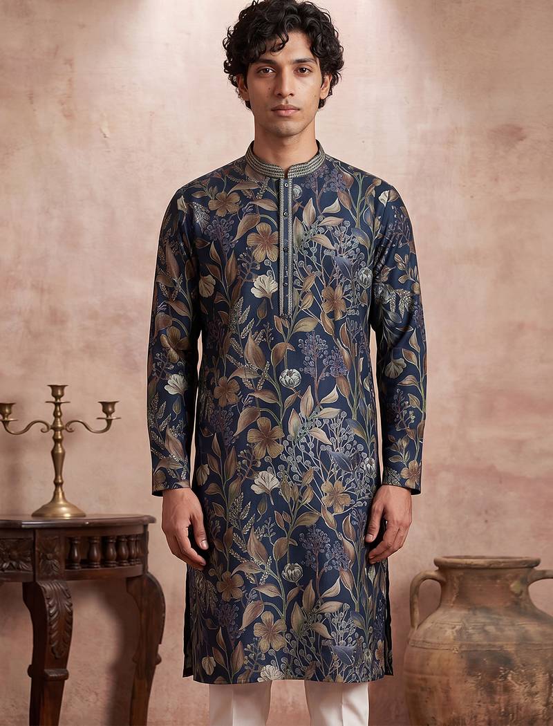 Mens blue modal floral printed calf length straight regular kurta