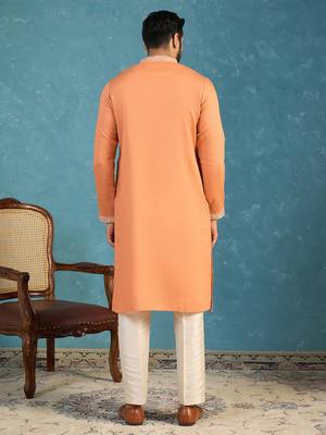 Mens orange modal embroidered calf length straight regular kurta 4