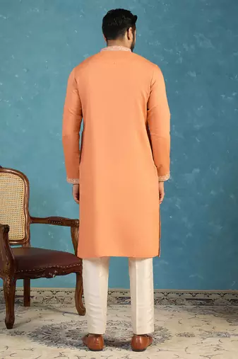 Mens orange modal embroidered calf length straight regular kurta
