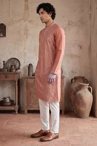 Mens orange modal embroidered calf length straight regular kurta