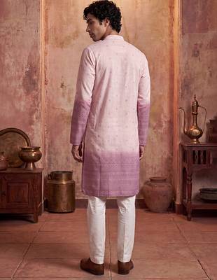Mens pink silk blend woven design calf length straight regular kurta 5