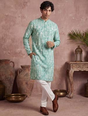 Mens teal viscose rayon embroidered calf length straight regular kurta 2