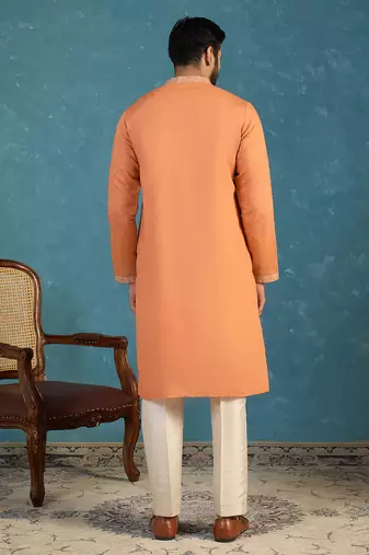 Mens peach modal embroidered calf length straight regular kurta
