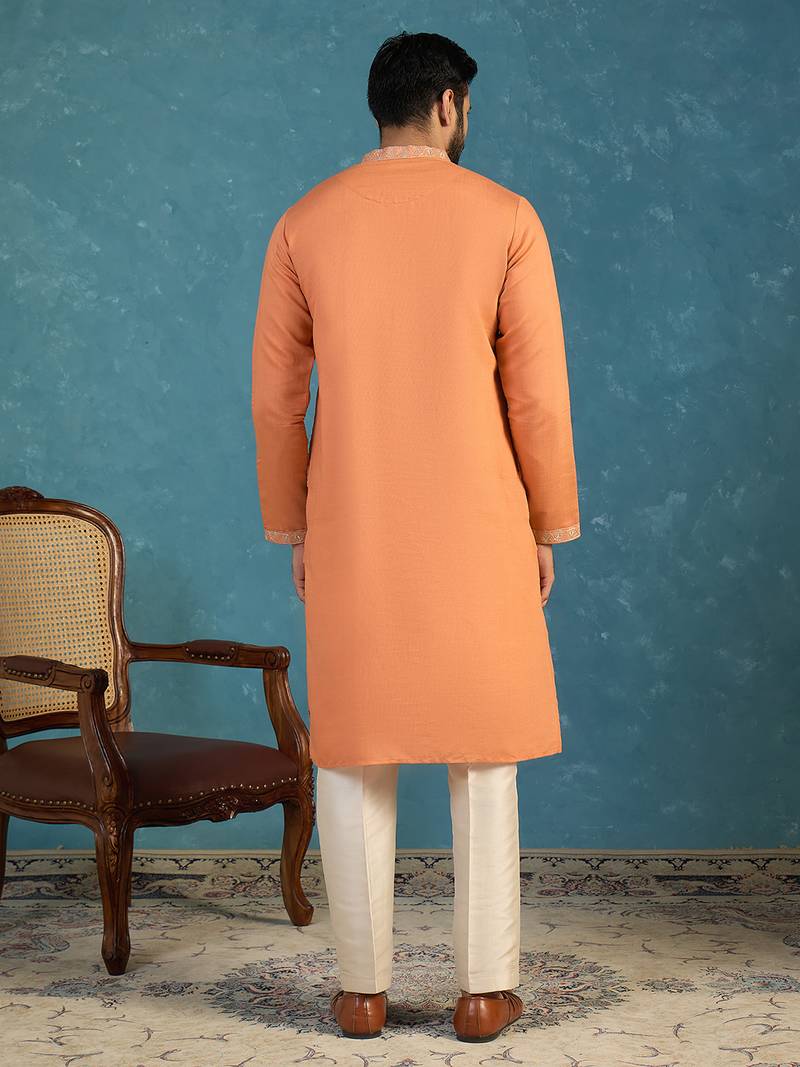 Mens peach modal embroidered calf length straight regular kurta