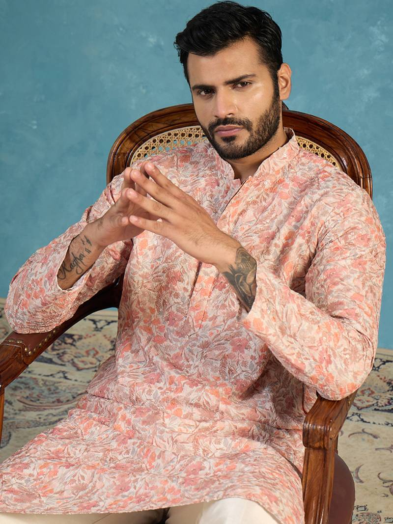Mens multi viscose rayon embroidered calf length straight regular kurta