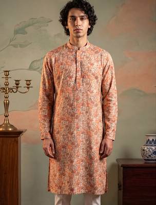 Mens multi viscose rayon embroidered calf length straight regular kurta 1