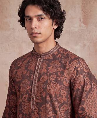 Mens grey modal floral printed calf length straight regular kurta 3