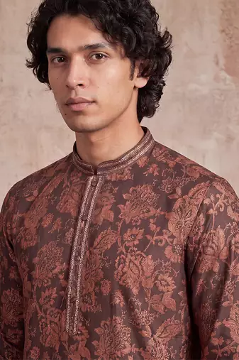 Mens grey modal floral printed calf length straight regular kurta