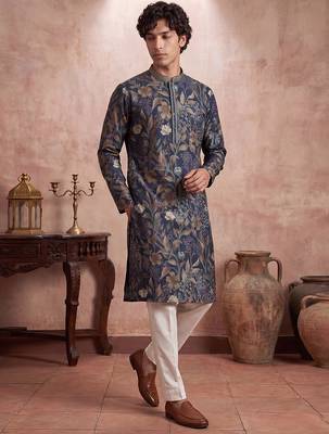 Mens blue modal floral printed calf length straight regular kurta 2
