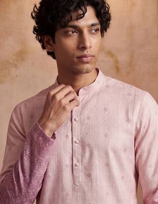 Mens pink silk blend woven design calf length straight regular kurta with trouser 3