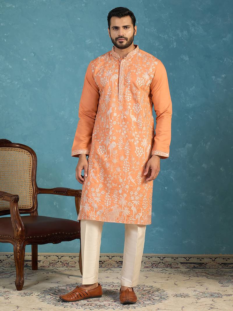 Mens orange modal embroidered calf length straight regular kurta