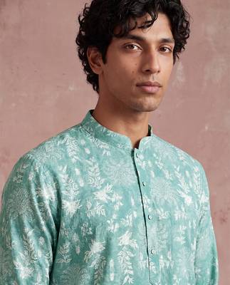 Mens teal viscose rayon embroidered calf length straight regular kurta 3