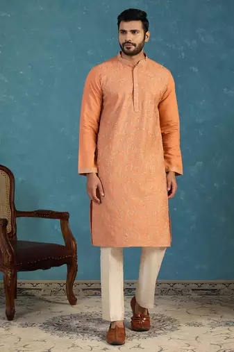 Mens peach modal embroidered calf length straight regular kurta