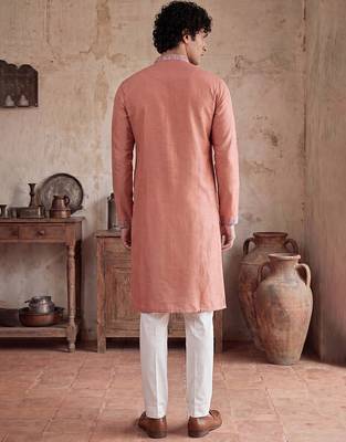 Mens peach modal embroidered calf length straight regular kurta 5