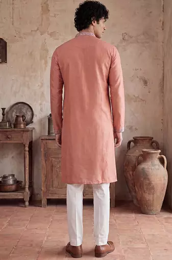 Mens peach modal embroidered calf length straight regular kurta