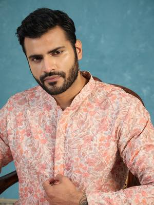 Mens multi viscose rayon embroidered calf length straight regular kurta 3