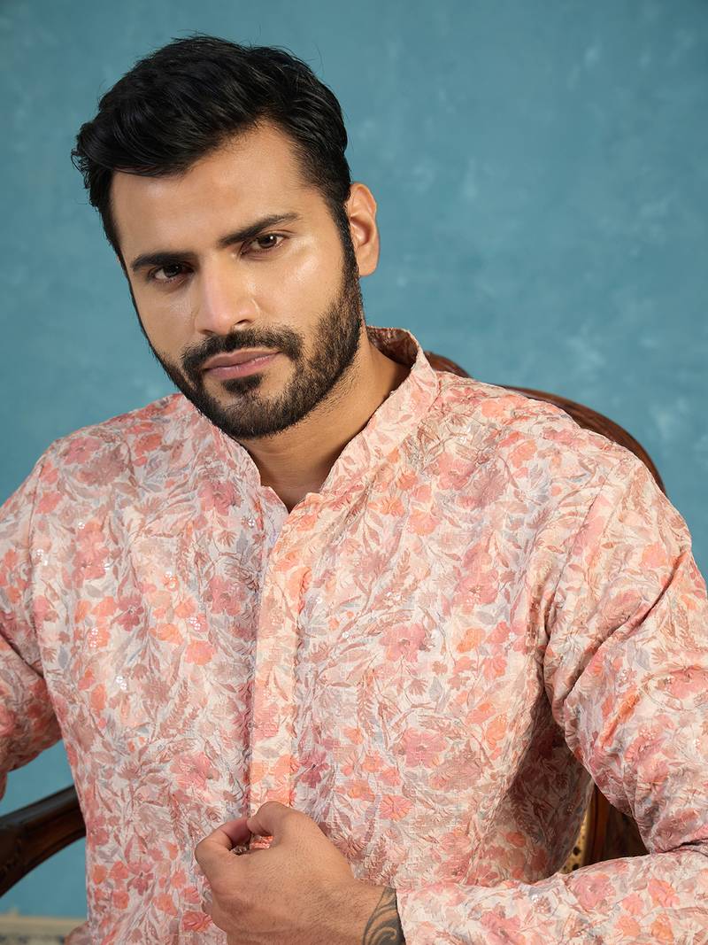 Mens multi viscose rayon embroidered calf length straight regular kurta