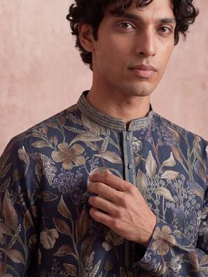 Mens blue modal floral printed calf length straight regular kurta 3