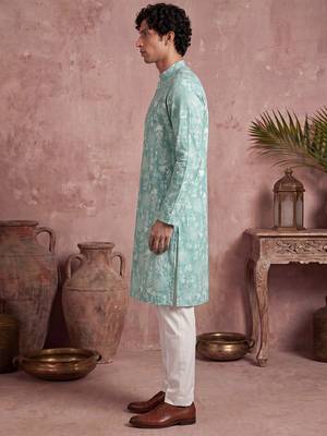 Mens teal viscose rayon embroidered calf length straight regular kurta 4