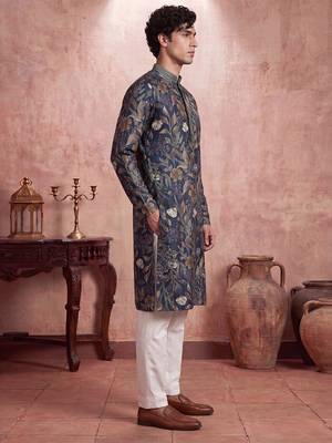 Mens blue modal floral printed calf length straight regular kurta 4