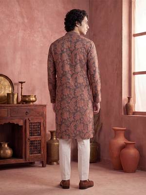 Mens grey modal floral printed calf length straight regular kurta 5