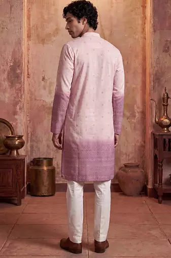 Mens pink silk blend woven design calf length straight regular kurta with trouser