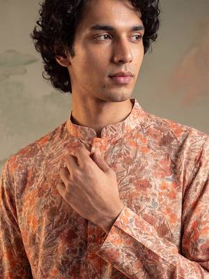 Mens multi viscose rayon embroidered calf length straight regular kurta 3