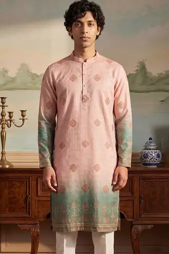 Mens peach silk blend woven design calf length straight regular kurta with trouser