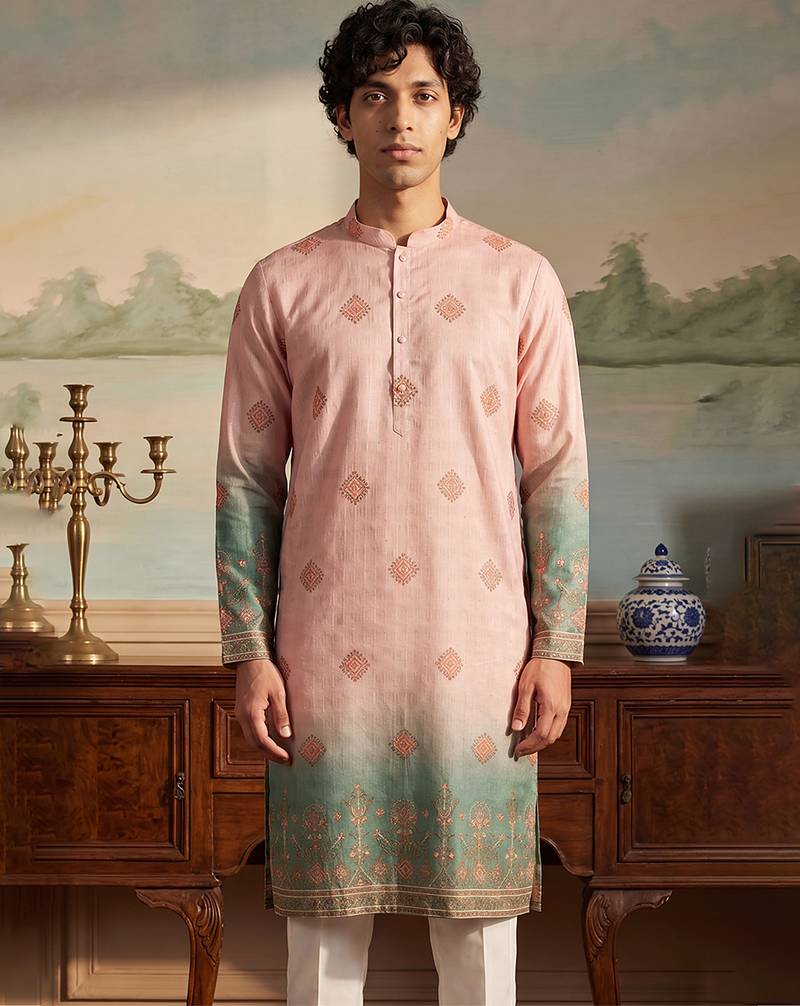 Mens peach silk blend woven design calf length straight regular kurta with trouser