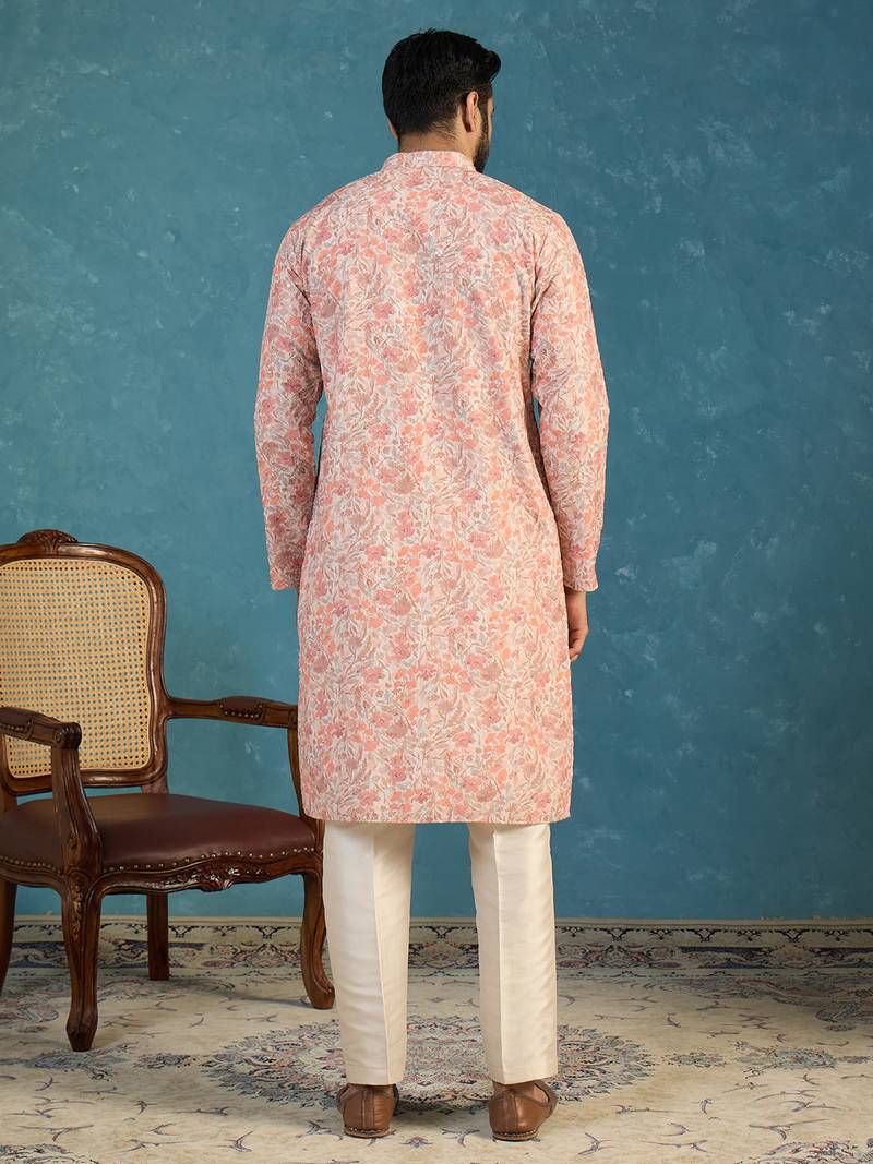 Mens multi viscose rayon embroidered calf length straight regular kurta
