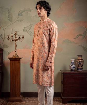 Mens multi viscose rayon embroidered calf length straight regular kurta 4
