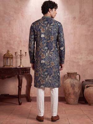 Mens blue modal floral printed calf length straight regular kurta 5
