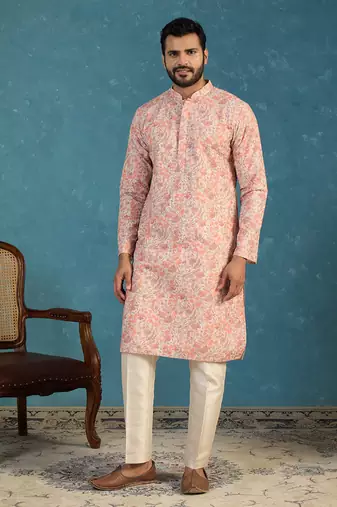 Mens multi viscose rayon embroidered calf length straight regular kurta